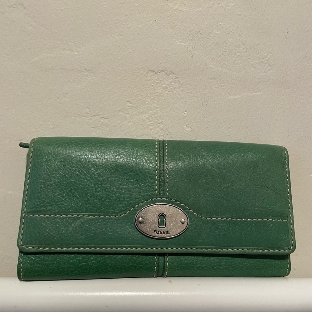 Fossil Trifold Key Per leather clutch green wallet